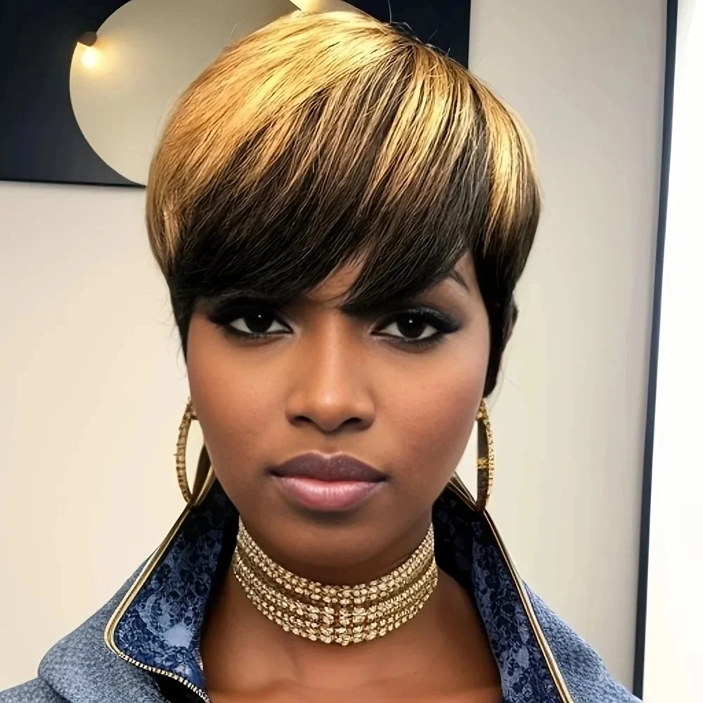 ピクシーカットウィッグ人毛機械製人毛ウィッグブラジリアンハニーブロンドウィッグ