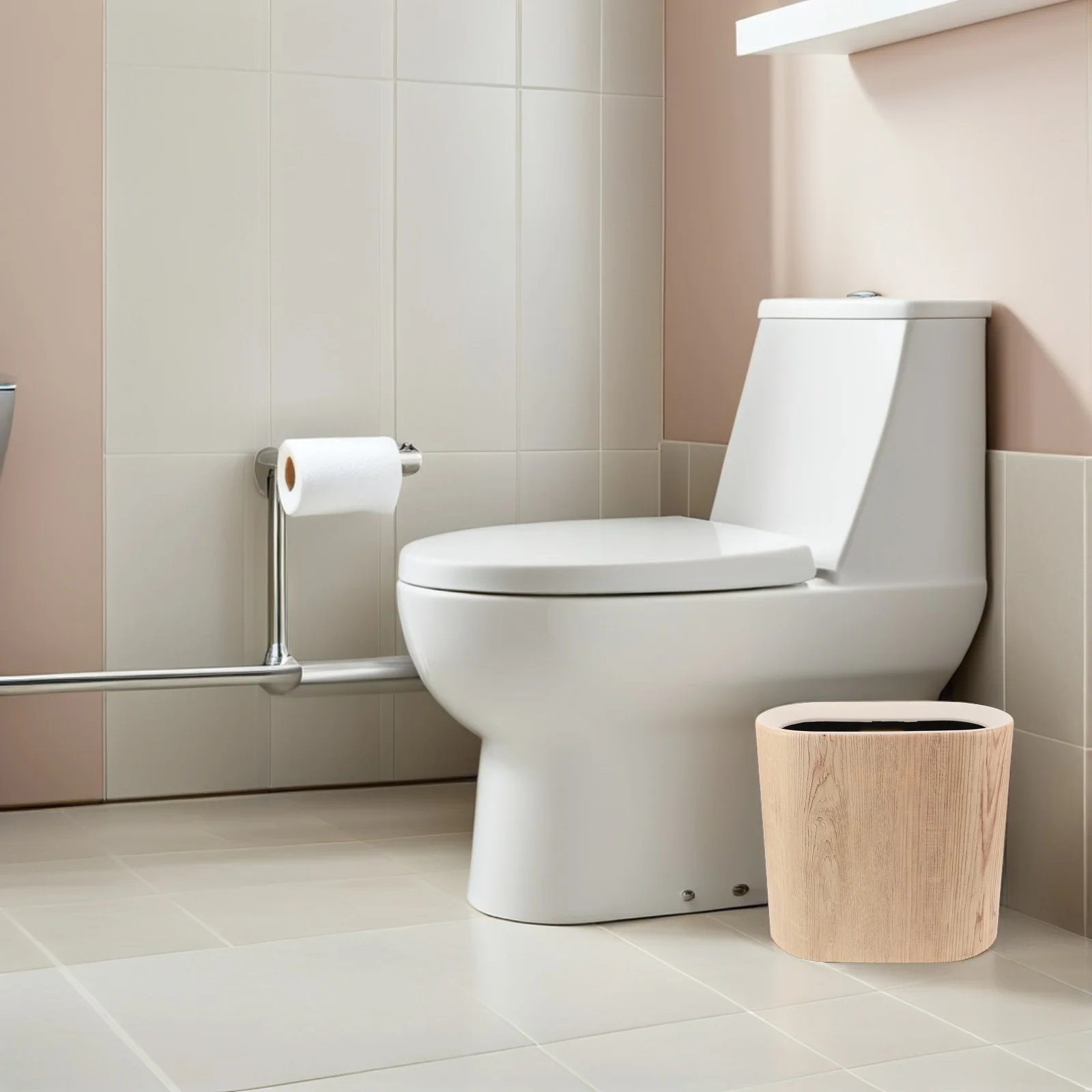 

Wood Grain Trash Can Lid Bathroom Narrow Space Bedroom Office Under Desk Beige Retro Style Pet Proof Small Waste Basket