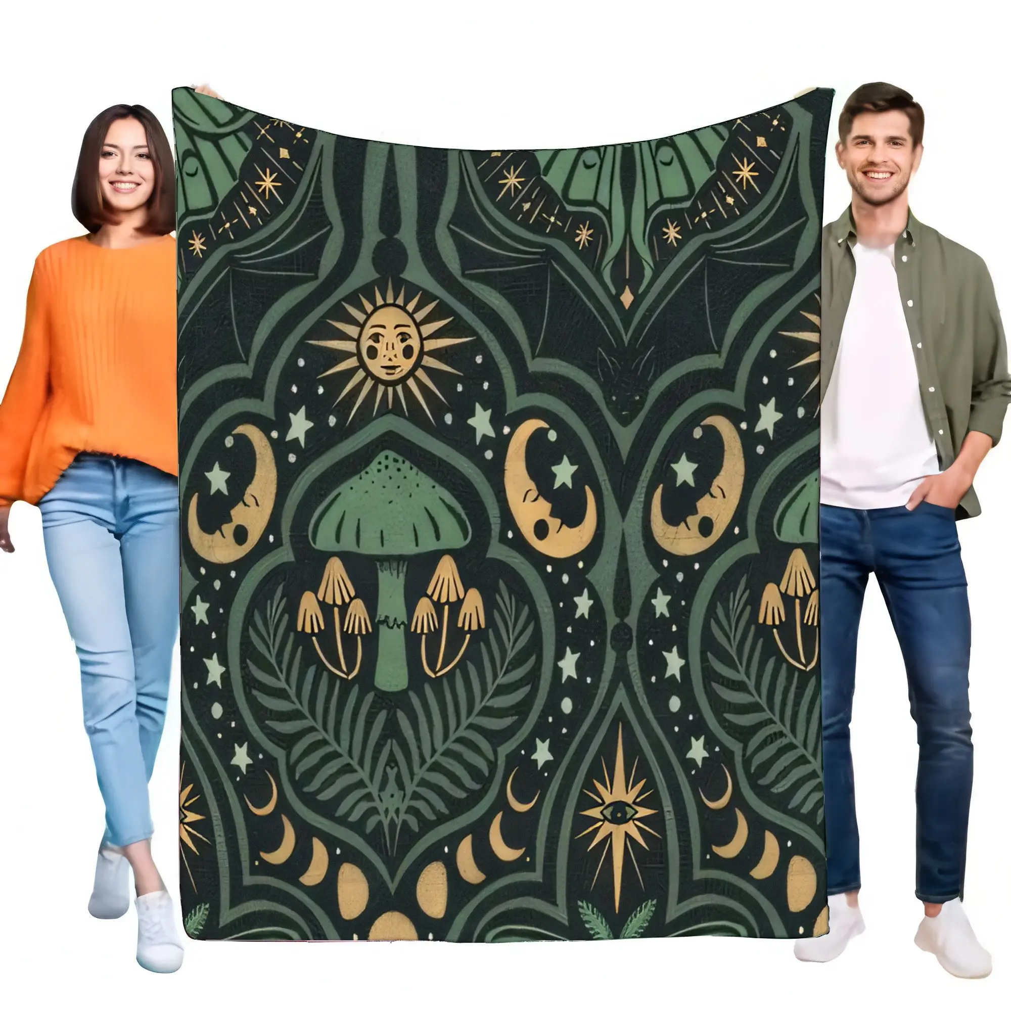 Mystical Witchy Mushroom Moon Sun Star Blanket Soft Cozy Fleece Throw. Dark Green Gold Boho Celestial Home Decor for Sofa Bed Gi