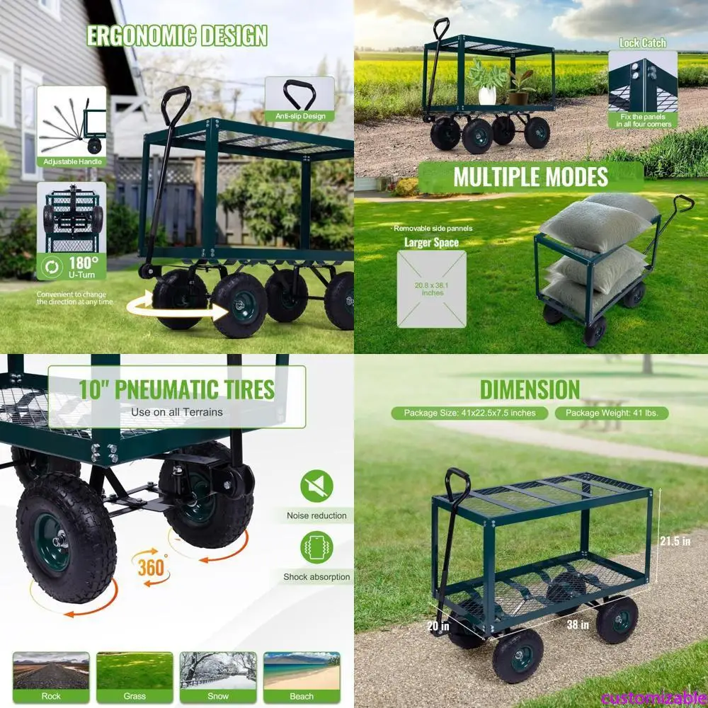 

Heavy-Duty 2-Tier Steel Garden Cart with Mesh Shelves and Air-Filled Tires for Outdoor Utility