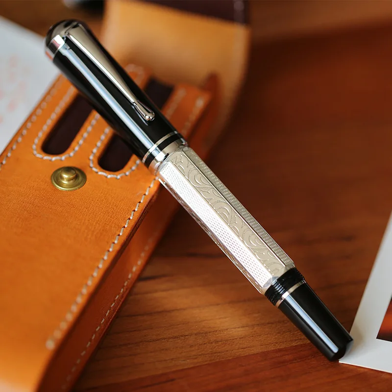 New MAJOHN P138 Metal Fountain Pen Classical Piston Ink Absorbing No.6 Nib Octahedral Etching Pattern Silver Plated Writing Gfit