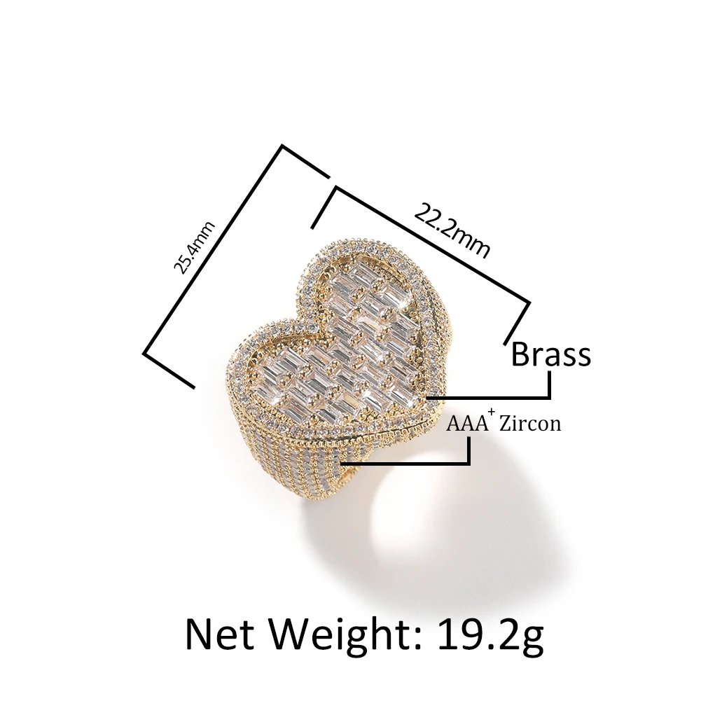 TBTK Big Baguettecz Heart Ring Full Paved Out Square Cubic Zirconia HipHop Ring Delicate Punk Jewelry For Men And Women