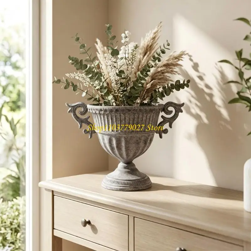 C4DF Ribbed Metal Flower Pot Planter with Side Handles for Home Plant Display