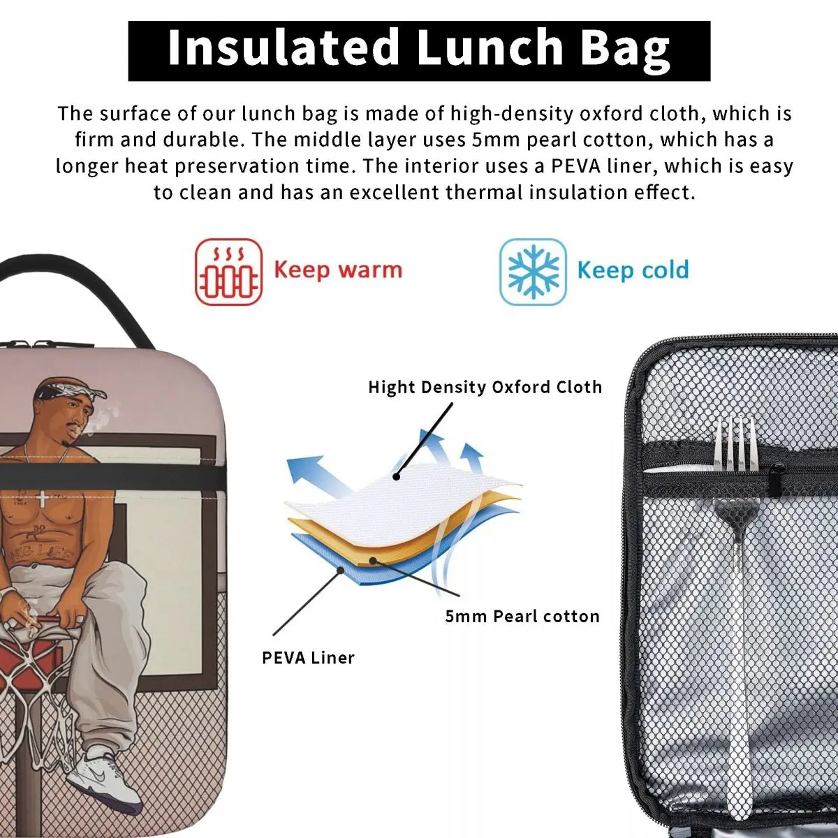 Rapper Tupac 2PAC Hip Hop Insulated Lunch Bag for Women Children Portable Food Boxes Thermal Lunch Box Tote