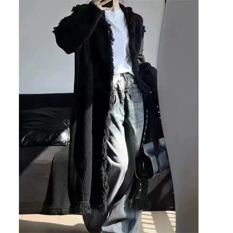 Hooded Sweater Long Jacket Feminine Thickened New Style High-end Feeling 2024 Lazy Style Fitting Fake Two-piece Knitted Cardigan