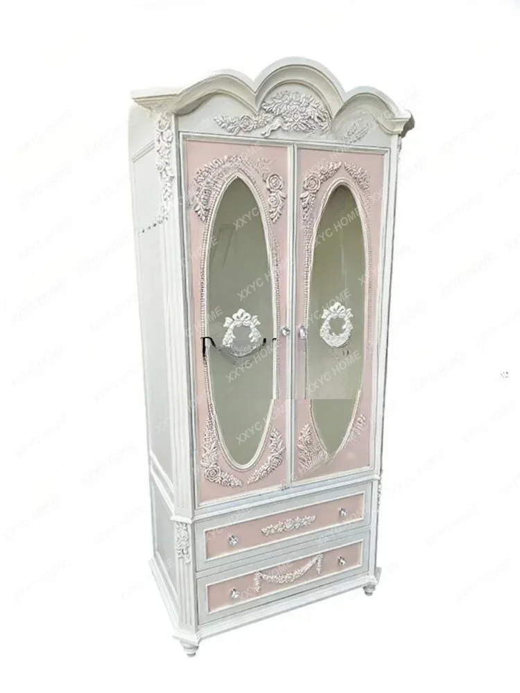 XXSolid Wood Bedroom Drawer Storage Double Door Wardrobe Vintage Engraving