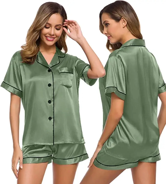 Satin Pajamas Women\'s Short Sleeve Sleepwear Soft Silk Button Down Loungewear Pjs Shorts Set S-XXL