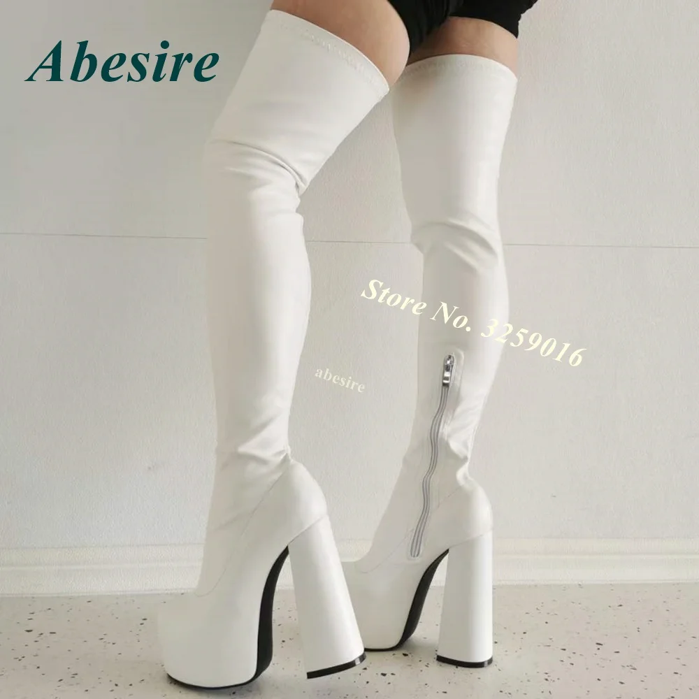 

Chunky Heel White Thigh High Boots 2022 New Winter Shoes for Women Round Toe Side Zipper Platform High Heels Big Size 46 Casual