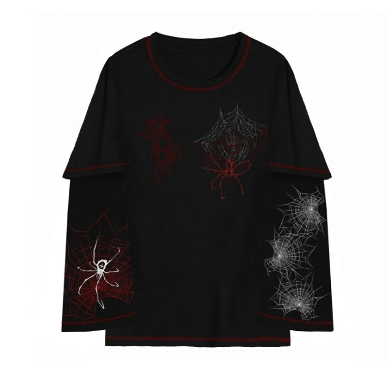 Y2K Long Sleeve Shirts Women Spider Web Graphic Print Top Spring Goth grunge Streetwear Loose Gothic Punk Top Women T Shirt emo