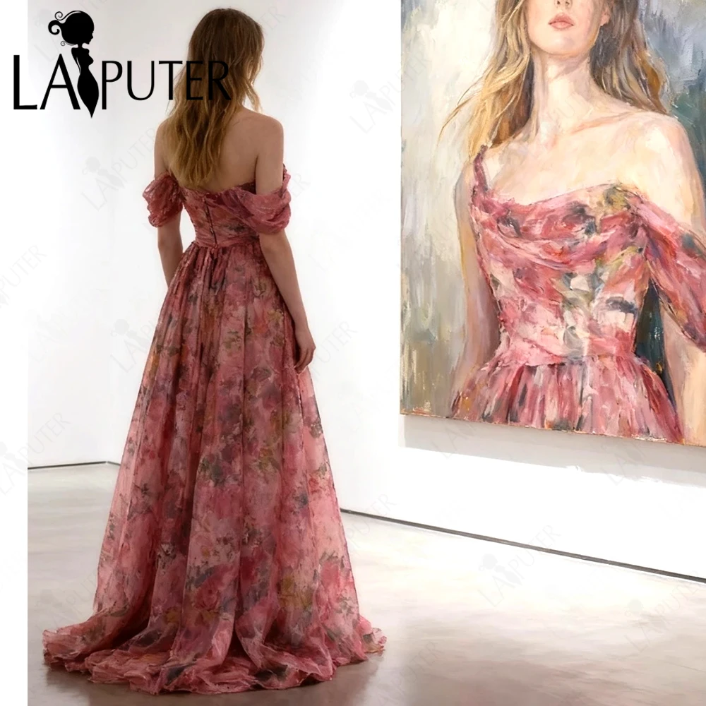 طباعة الأورجانزا الوردي الأزهار فستان الحفلة الراقصة ألف خط قبالة الكتف Ruched ثوب مسائي صندوق الطية ألف خط الجنية فتاة فستان رسمي 2025 #2