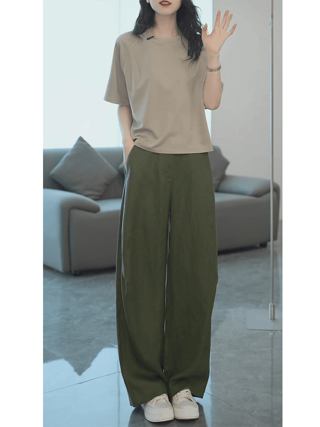 

Fashionable High Waist Wide Leg Pants Short Sleeve T-Shirt Set Women's Summer Minimalist Pure Color Two-Piece Suit