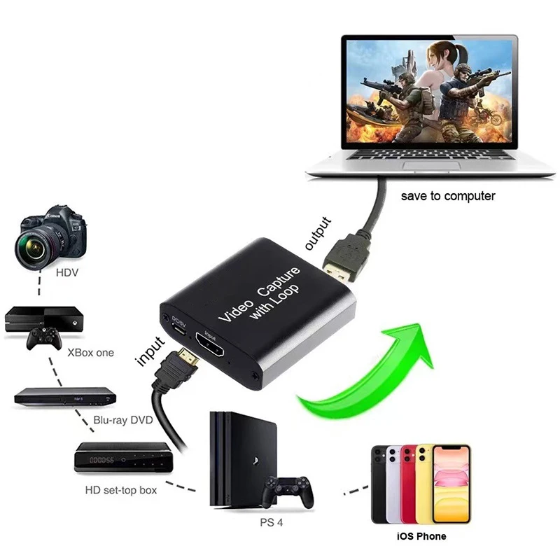 USB 2.0 Video Capture Card com Loop Out, Caixa de Gravação para PC, Laptop, Xbox Games, Live, Boardcast Streaming, 4K, HD, 1080P, 720P, 30Hz