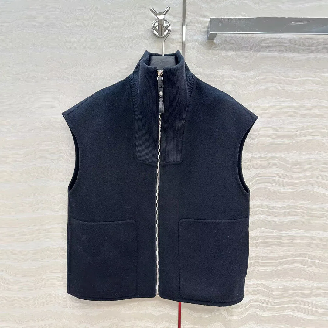 

2025 New Autumn Double Sided Woolen Tank Coat Women Patchwork Turtleneck Sleeveless Zipper Pockets Casual Cute Vest Jacket