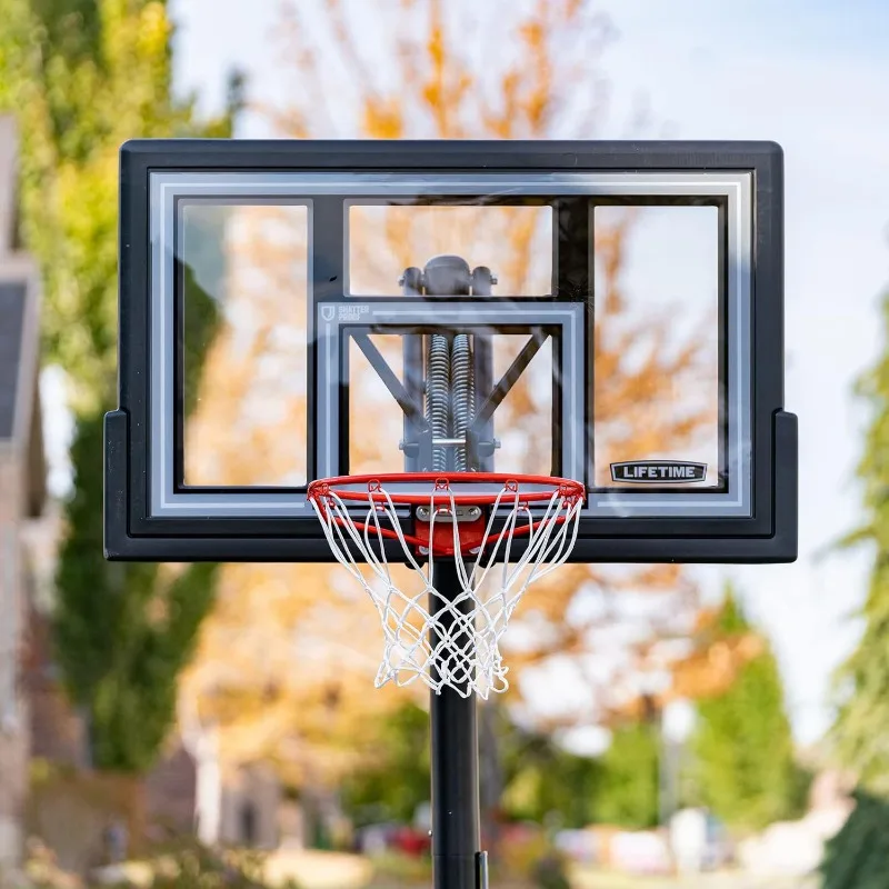 Lifetime height-adjustable floor basketball system with shatterproof backboard