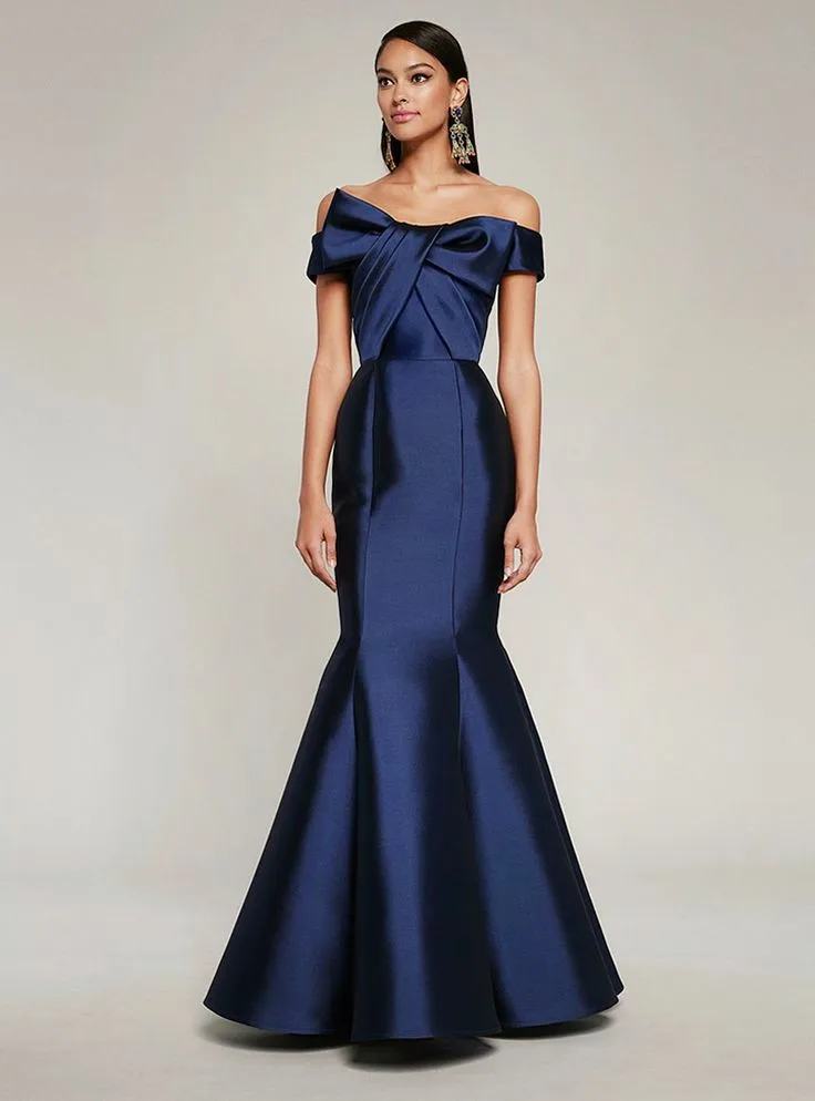 Elegant Long Navy Blue Satin Evening Dresses Mermaid Off Shoulder Pleated Floor Length Watteau Train Prom Dresses for Women