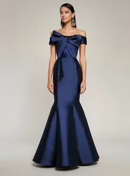 Elegant Long Navy Blue Satin Evening Dresses Mermaid Off Shoulder Pleated Floor Length Watteau Train Prom Dresses for Women