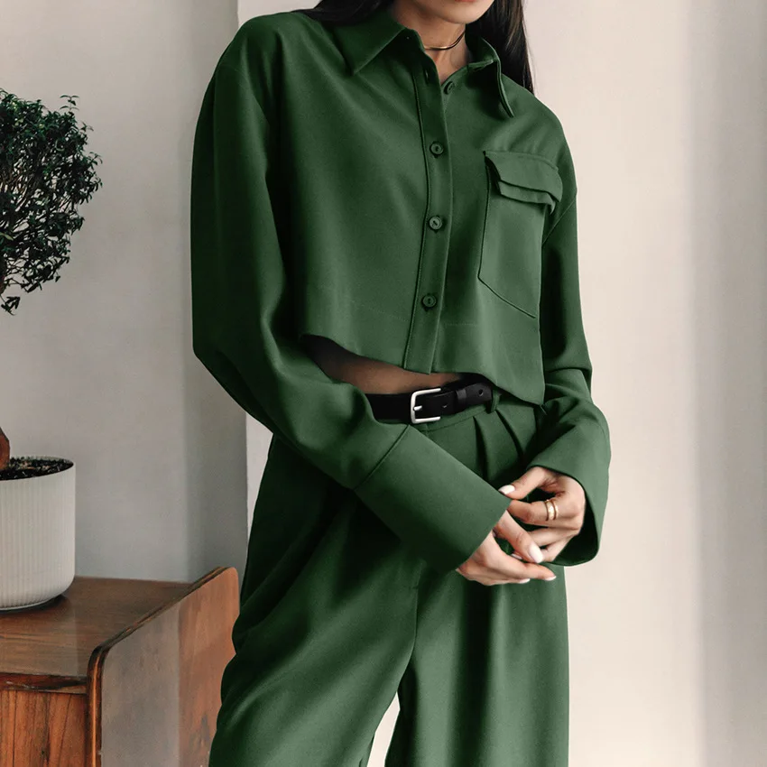 Camisa de lapela verde feminina e terno casual de cintura alta, conjunto elegante de 2 peças, novo