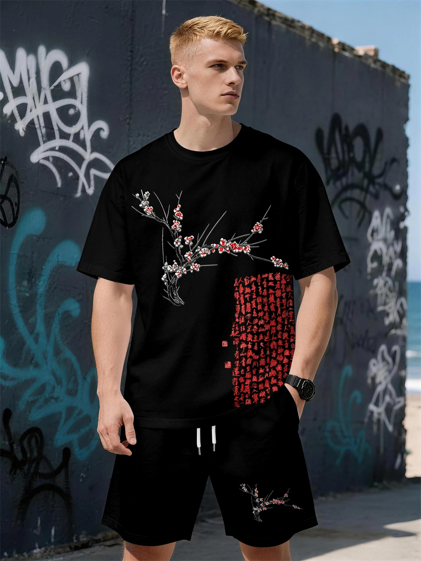 

2026 Summer New Men's Short-Sleeved Set with 3D Flower Pattern Print - Street Casual Fashion Comfortable and Soft