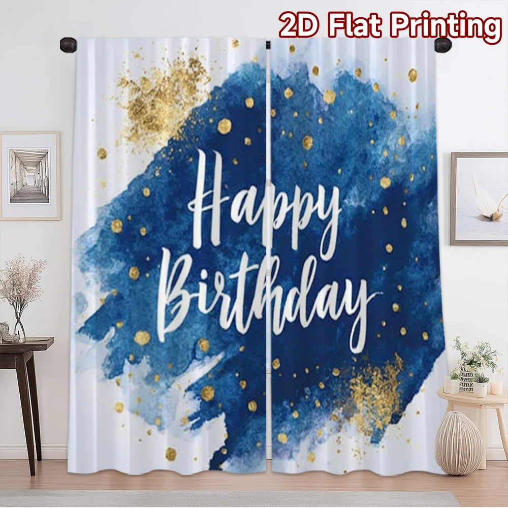 2D flat printing 2pcs Curtain Party Curtains Birthday Blue and Gold Celebration Digital Printed Polyester Drapes Festive Holiday