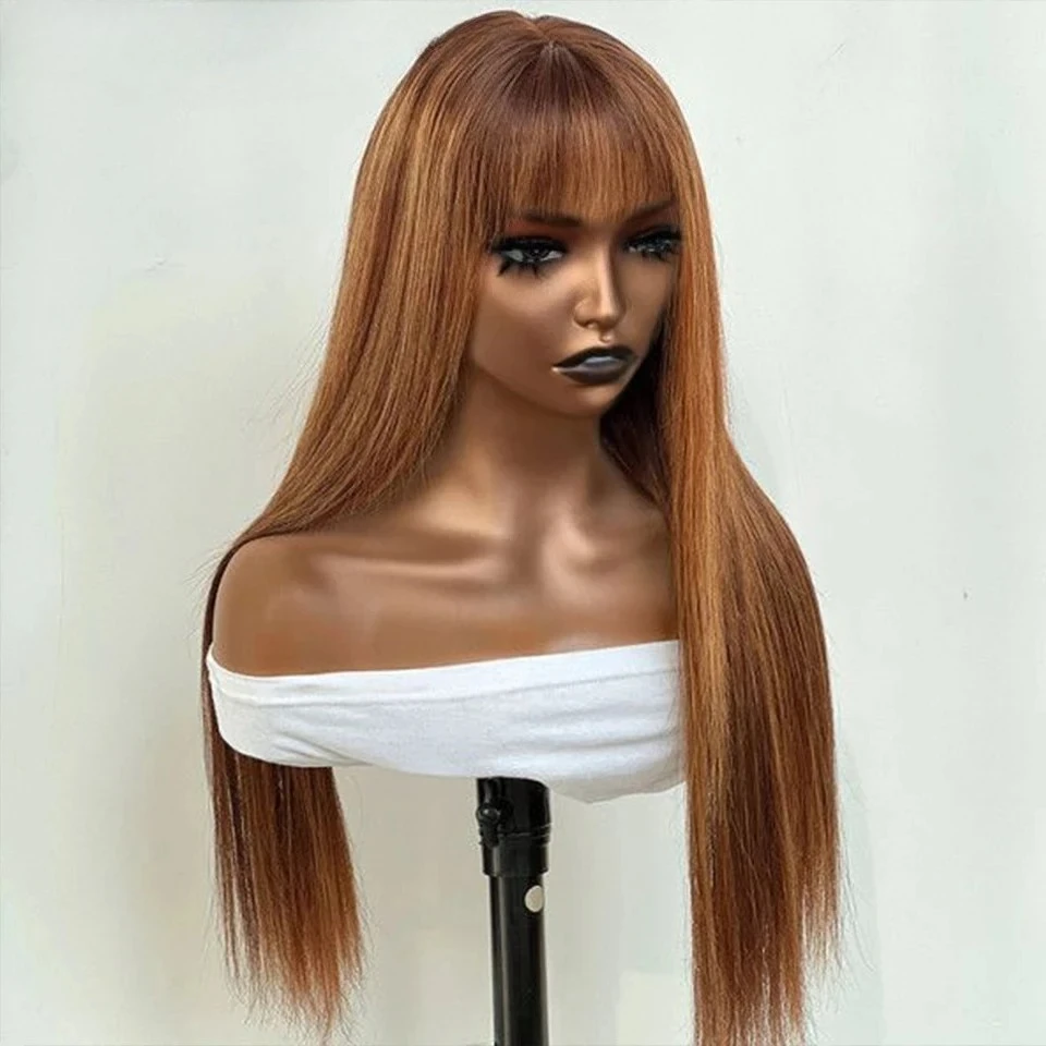 

Накладные прямые парики из 100% натуральных человеческих волос Highlight P4/30/27 с челкой, прямые парики из натуральных волос из Малайзии, полностью машинной работы