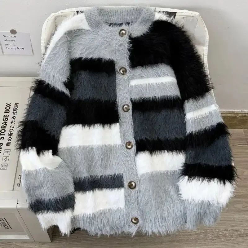 

Women's New Patchwork Retro Soft Waxy Mink Wool Cardigan Sweater Coat Autumn and Winter Lazy Loose Long-sleeved Top