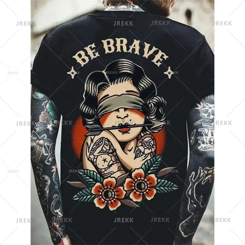 Be Brave Old School Tattoo Unisex Oversized T-Shirt, Retro Blindfolded Girl Graphic Tee, Streetwear Cotton Top For Men Women