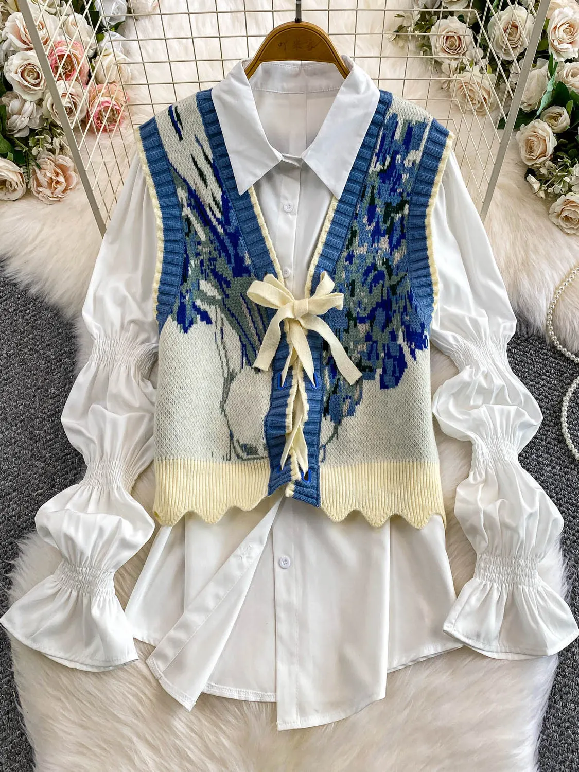 

Retro Knitted Women's Vest Belted Waist Shirt Long Sleeve Lantern Sleeve Pure Color Top And Bottom Set Commute Style Korean L...