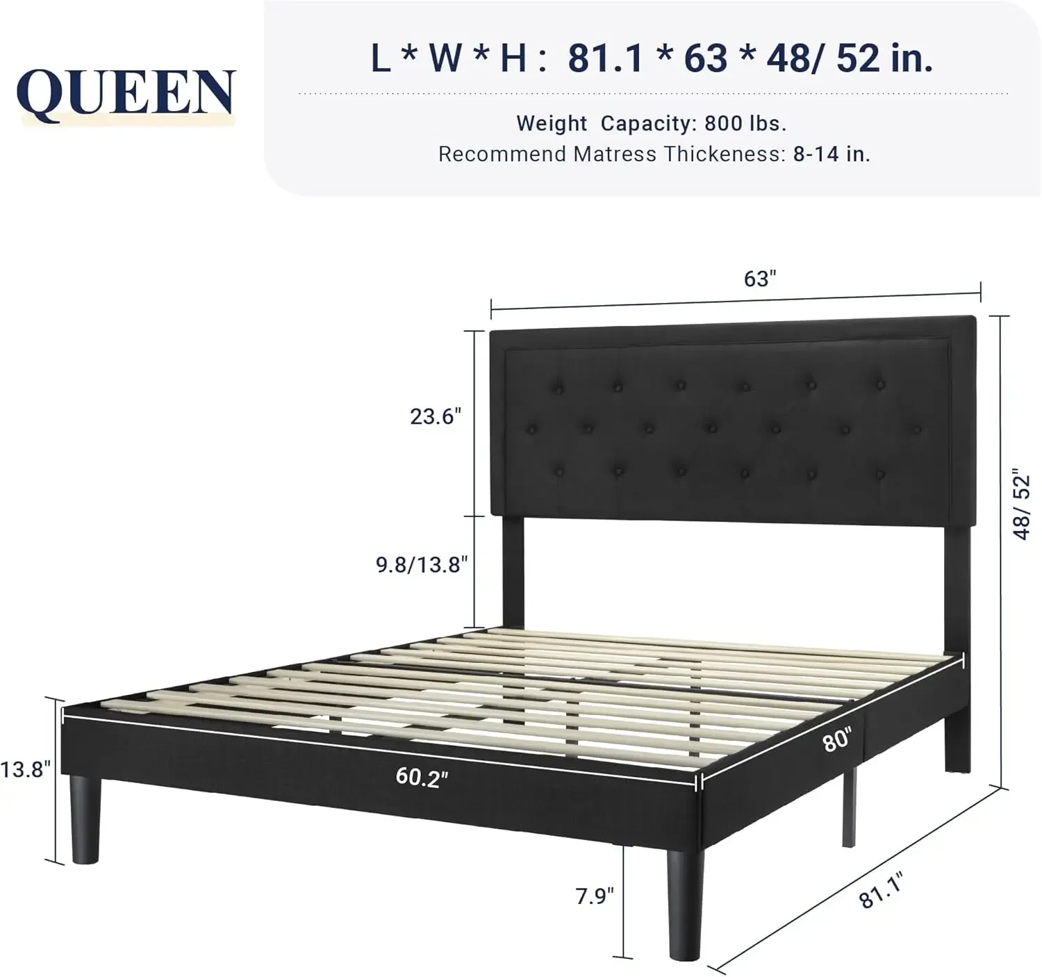 Queen Size Bed Frame Upholstered Platform Bed with Adjustable Headboard, Button Tufted, Wood Slat Support, Easy Assembly, Black