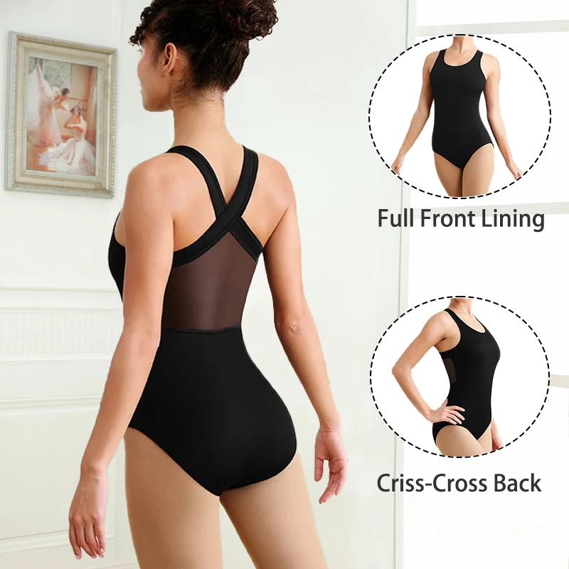 

Women's Ballet Leotards Mesh Hollow Back Adult camisole Dance Bodysuit with Full Front Lining for Adult Stage Performance