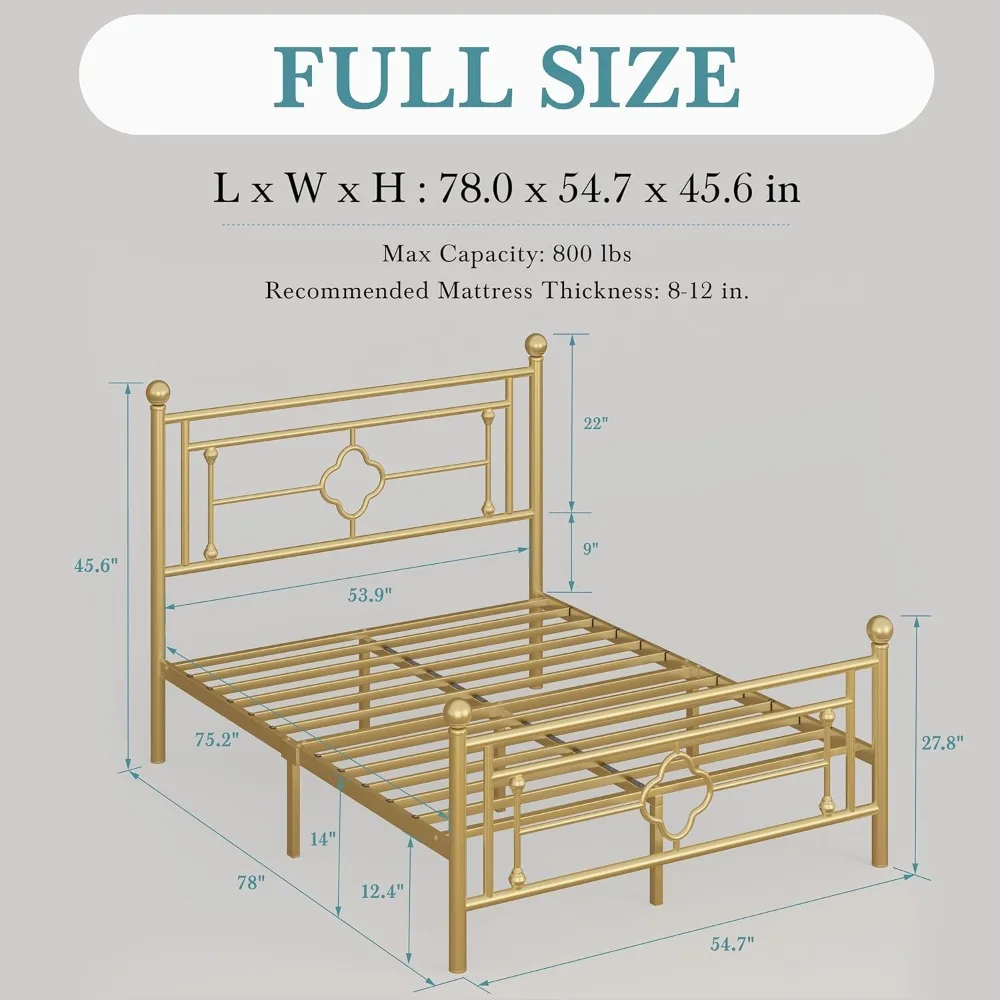 Bed Frame with Vintage Victorian Style, Wrought Iron Headboard and Footboard,  Easy Assembly, 14 Inch Full Size, Bed Bases