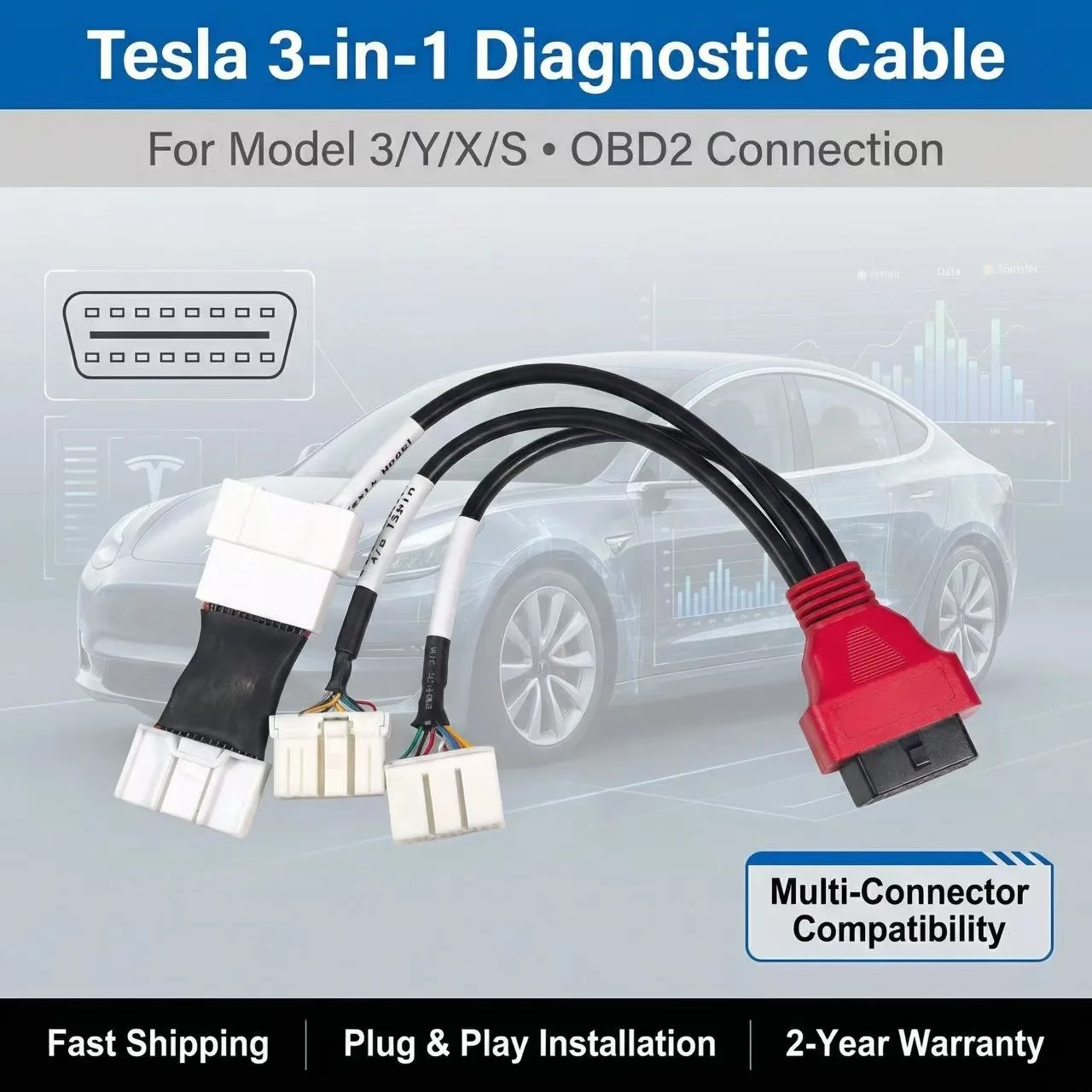 VESSLINK OBD2 Adapter Diagnostic Tools Connect Cable 1 to 3 Cable Splitter for Tesla Autel LAUNCH Xtool EV Scan Tools