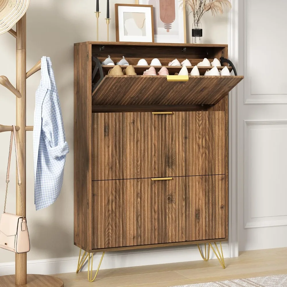 

shoe storage cabinet with 3 flip drawers, 31.5" w fluted shoe cabinet for entryway, hidden shoe cabinet storage, narrow free sta