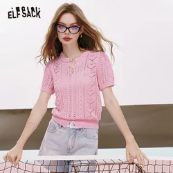 ELFSACK 2024 summer new arrival Love heart hollow gentle style small button versatile thin short-sleeved knitted sweater for wom