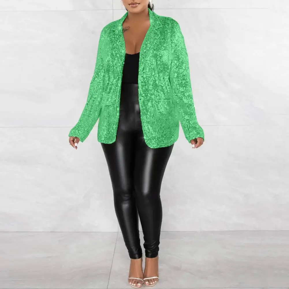 

Женский пиджак-блейзер с отложным воротником, длинными рукавами, однобортный, с накладными карманами, блестящими пайетками, свободного кроя, верхняя одежда