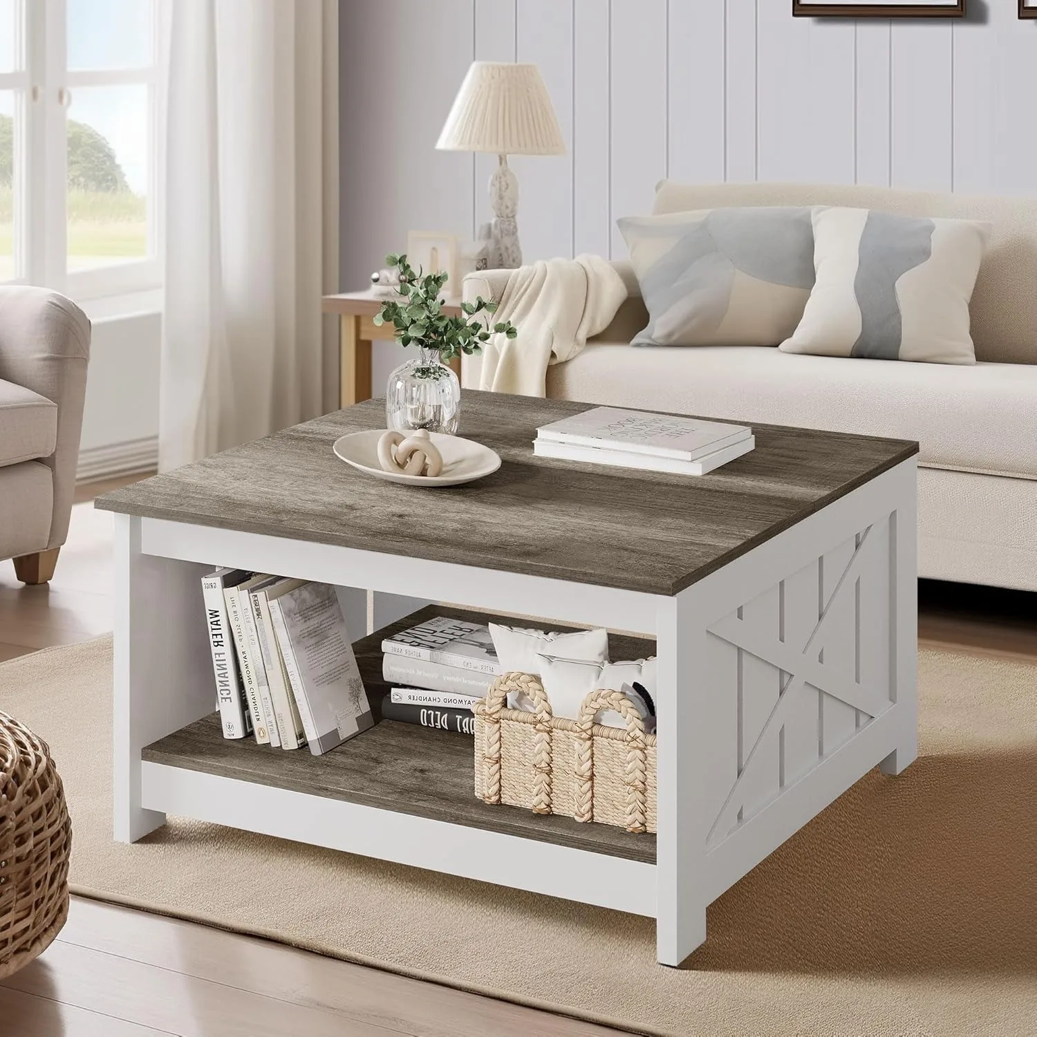 Farmhouse Coffee Table with Storage Rustic Wood Cocktail Table,Square Coffee Table for Living Meeting Room,Light Brown