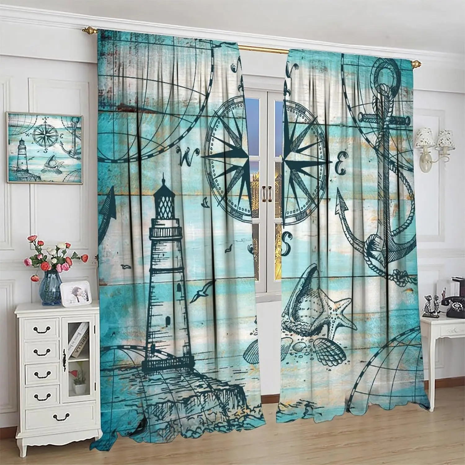 

Nautical Blackout Curtains Blue Vintage Old Planks Anchor Lighthouse Coastal Rustic Bedroom Living Room Bathroom Kitchen Rod