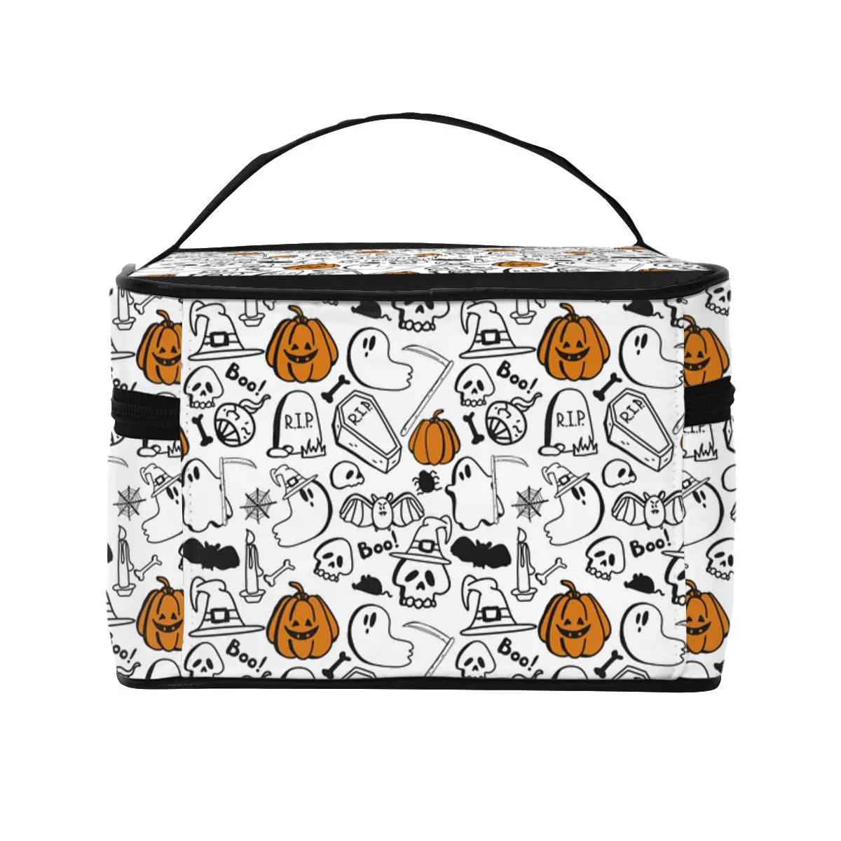 Halloween Spooky Doodle Cosmetic Bag Pumpkin Ghost Skull Bat Print Travel Makeup Case with Handle, Portable Waterproof