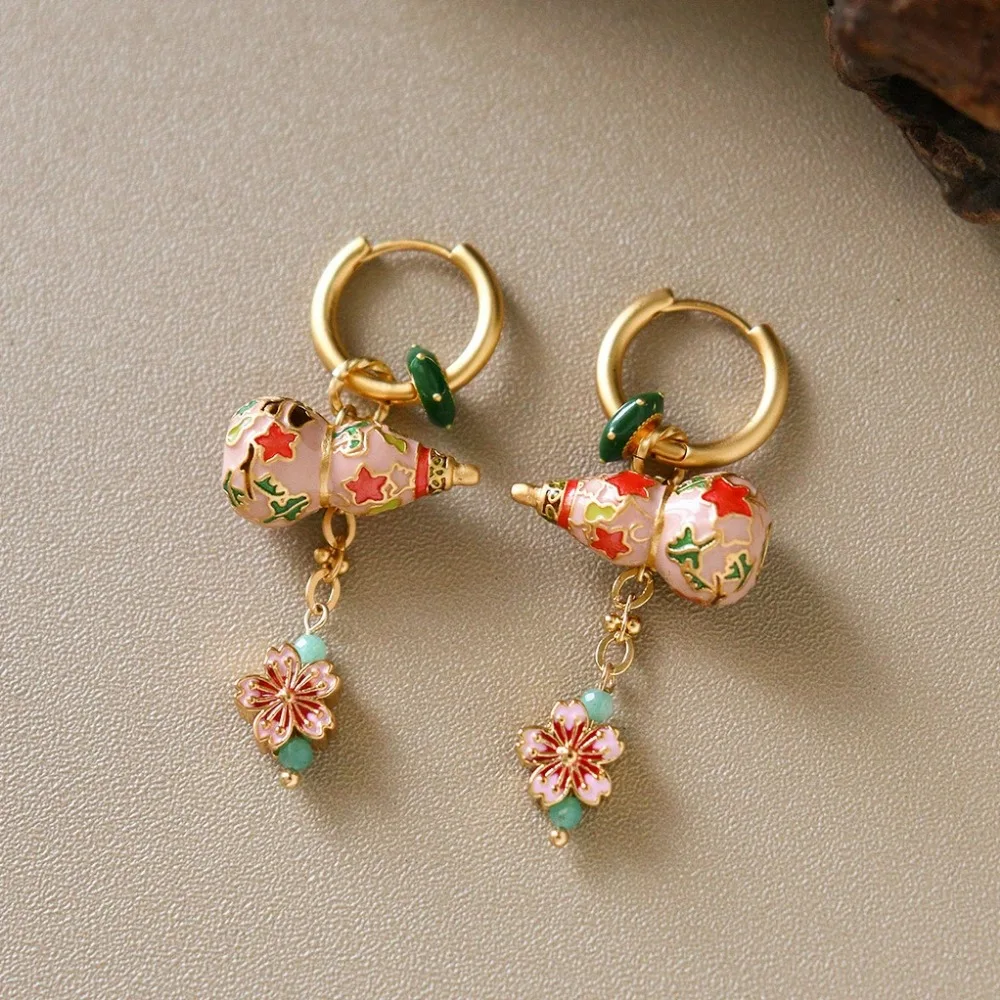 

New Exquisite Fashion Versatile Colorful Oil-dropping Enamel Flower Tassel Gourd Charm Earrings, Light Luxury Earrings for Women