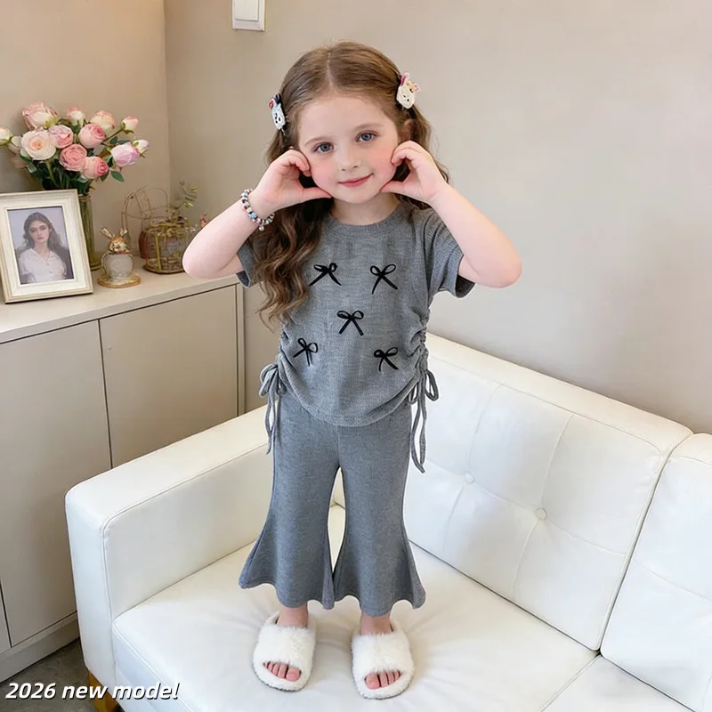 Back To School Outfits knit Bow Short Sleeve T-shirt+bell-bottoms pants 2pcs Gray Sets 2026 New Summer 6.1 Children's Day costum