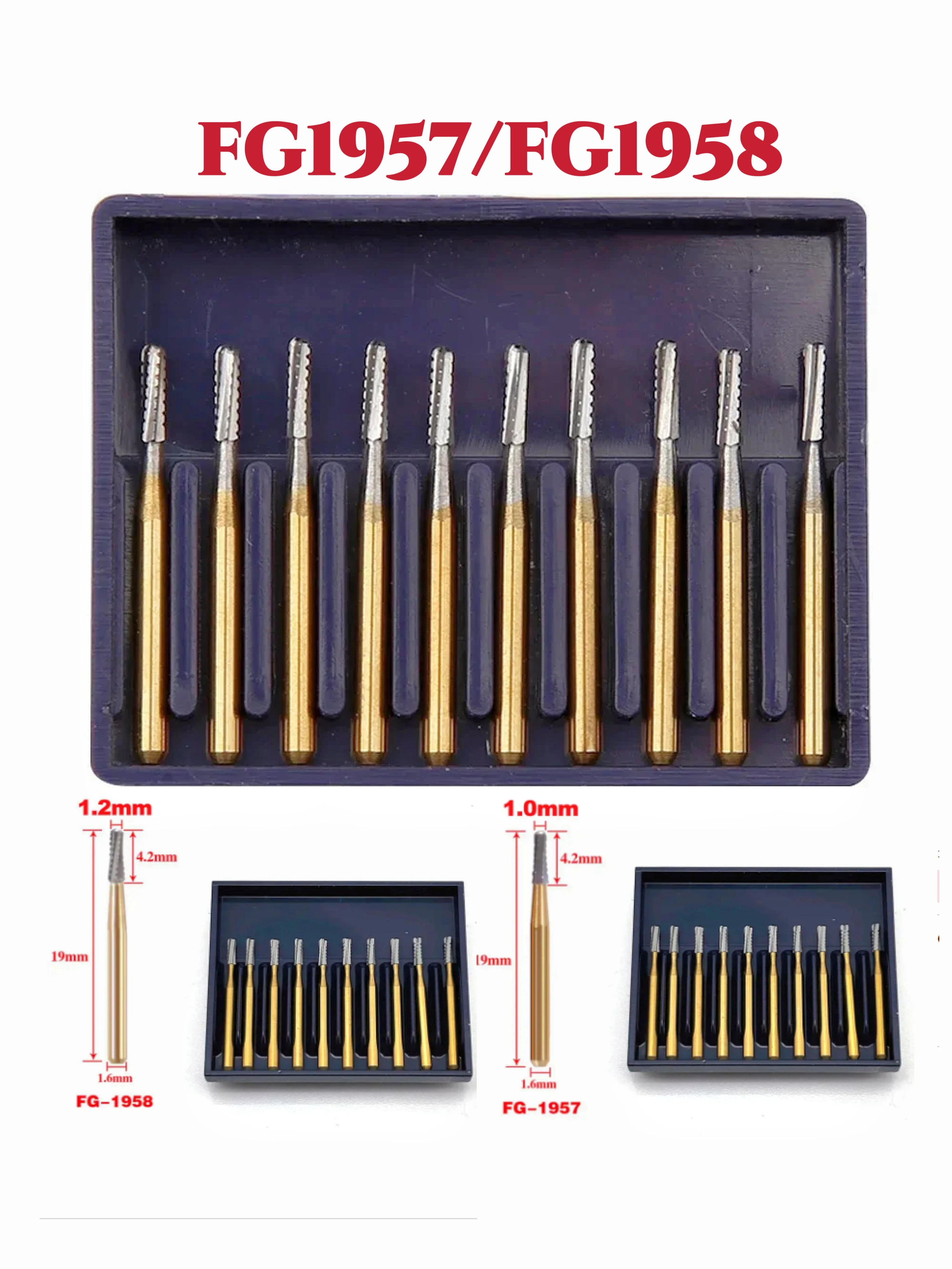 

50 шт. FG1957 стоматологические карбидные боры с титановым покрытием, золотые высокоскоростные вольфрамовые стальные короны, металлические режущие боры, стоматологические инструменты