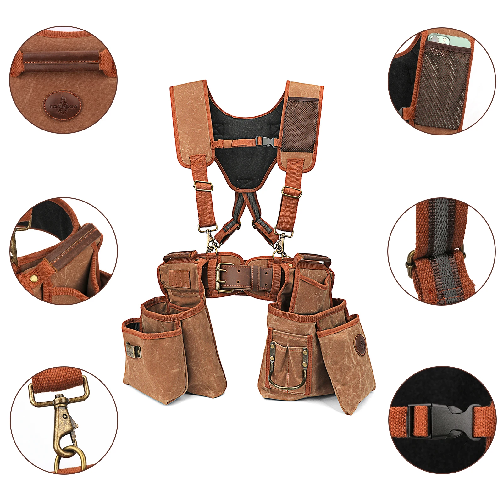 Tourbon Tool Belt  with Adjustable Suspenders Padded Cooling Mesh Detachable Pockets Tape Measure Hammer Holder Framers Rig  Tan