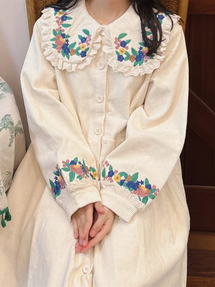 

Summer Mori Girl Lolita Dress Women Vintage Corduroy Peter Pan Collar Embroidery Floral Dress Sweet Loose Casual Robe Dress