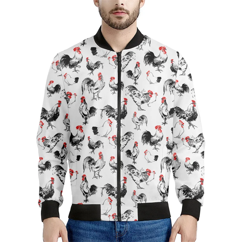 Vintage Chicken Ink Painting Pattern Zipper Jacket Men 3d Printed Animal Coat Casual Zip Up Jackets Long Sleeve Sweatshirt