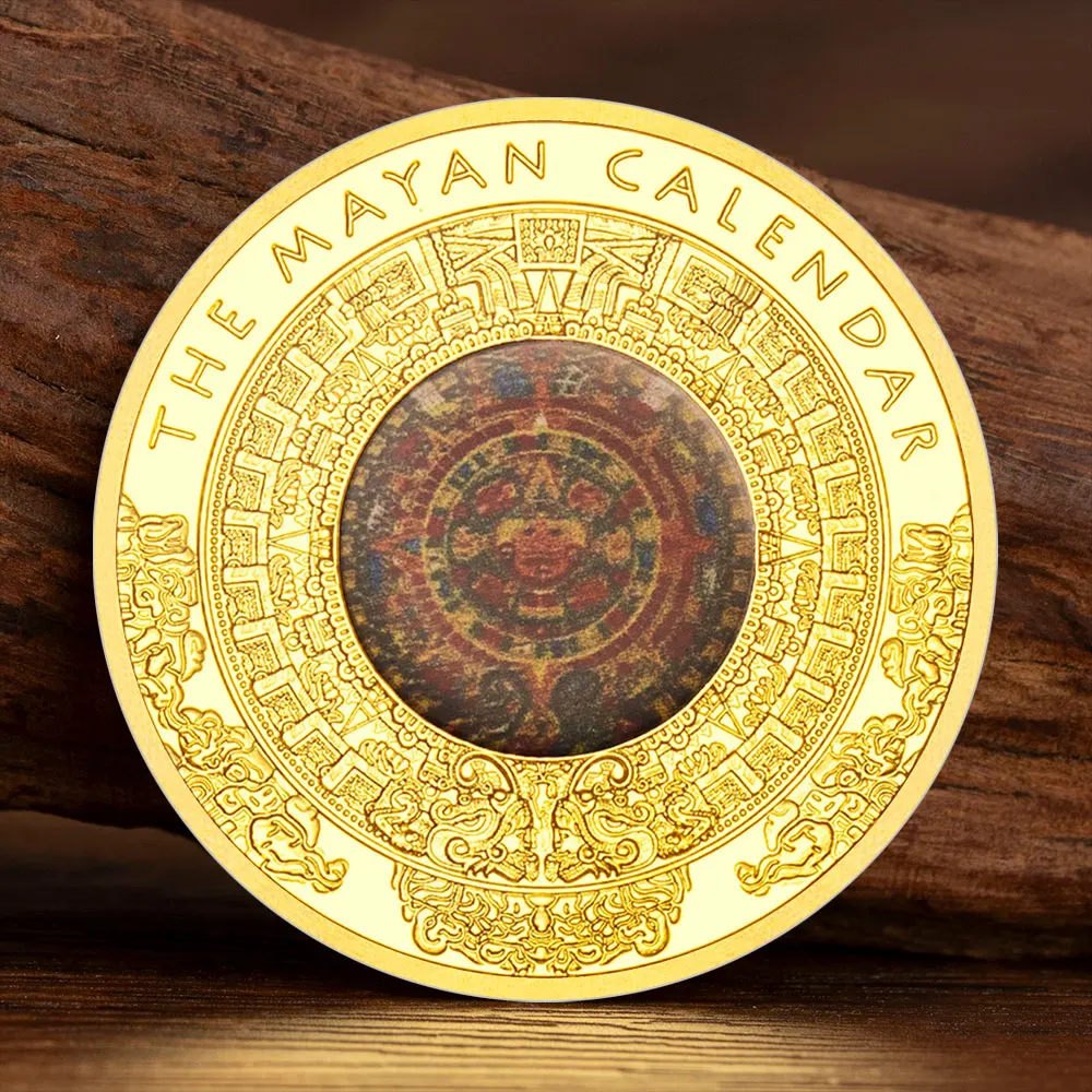 Календарь майя, окрашенные мексиканские камеи, коллекционные монеты, позолоченный медальон, металлическая памятная монета