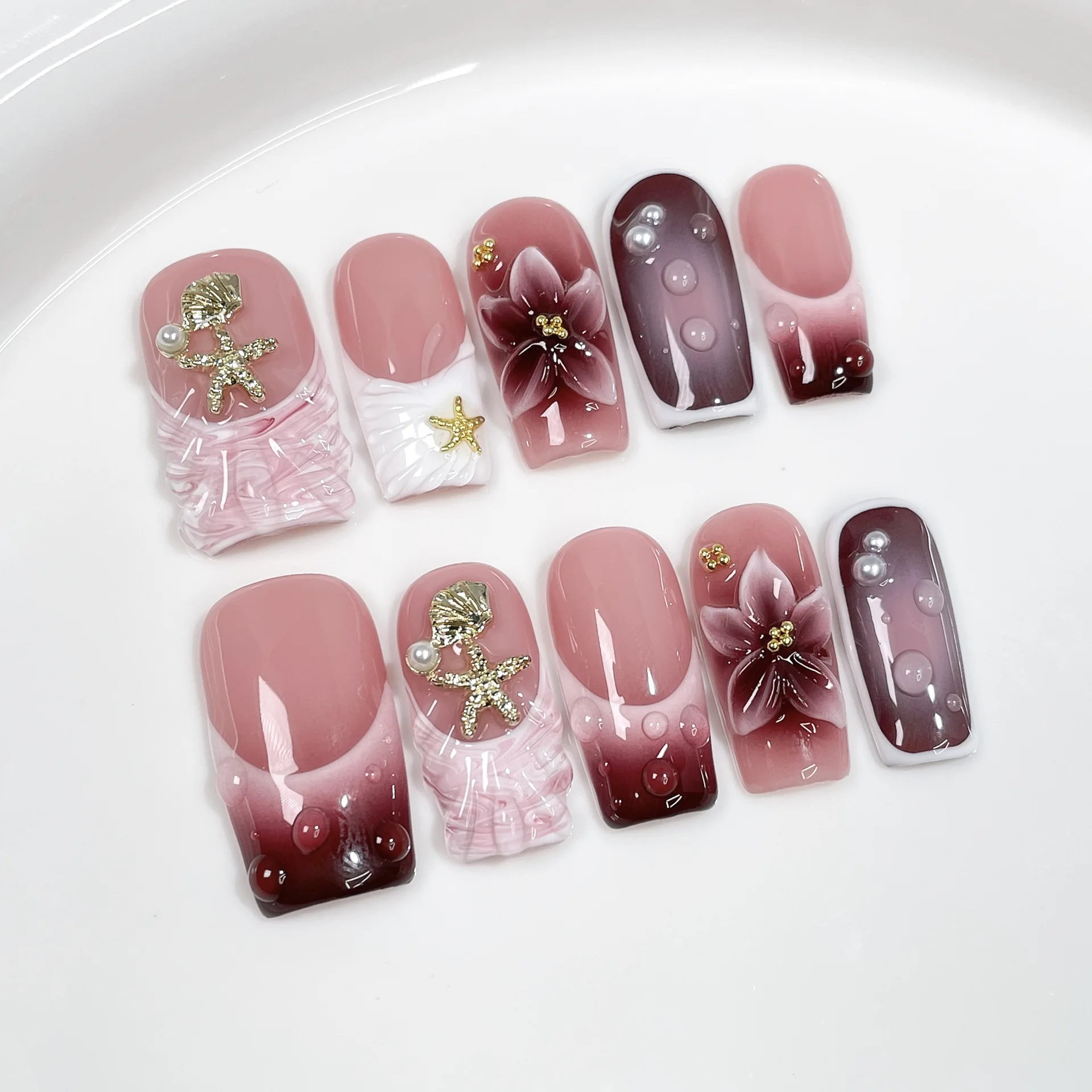 

10pcs Wine Red Handmade Fake Nails Sets Press on Gradient French Mid-length Square Nails Tips Pearl Flower Design False Nail Art