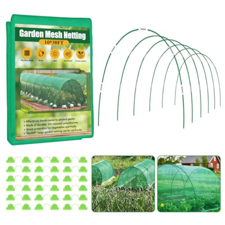 

Garden Mesh Netting Kit for Raised Beds 10x30FT Green Garden Netting 6 Sets Fiberglass Garden Hoops Row Cover Garden Netting Pe