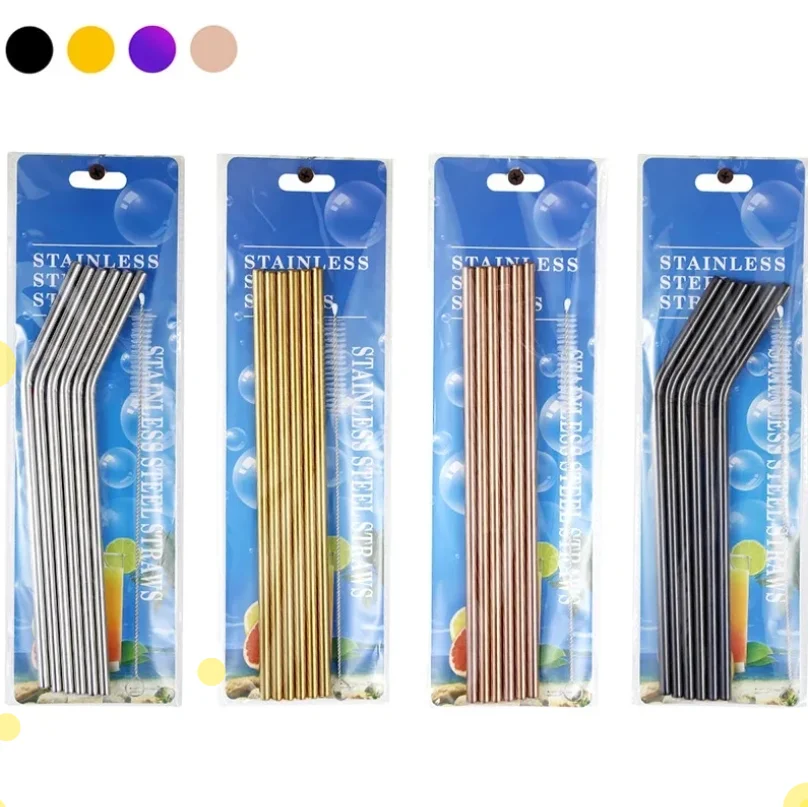 

6pcs Metal Reusable 304 Stainless Steel Straws Straight Bent Drinking Straw With Case Cleaning Brush Set Party Bar accessory