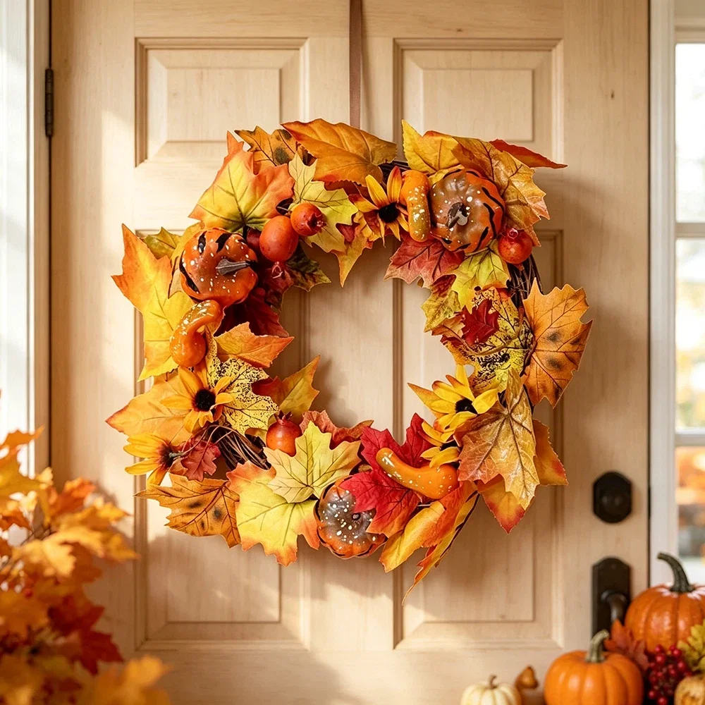 1pc Autumn Simulation Pumpkin Maple Leaf Wreath, Thanksgiving Door, Dining Table, Wall Simulation Autumn Leaf Wreath Decoration