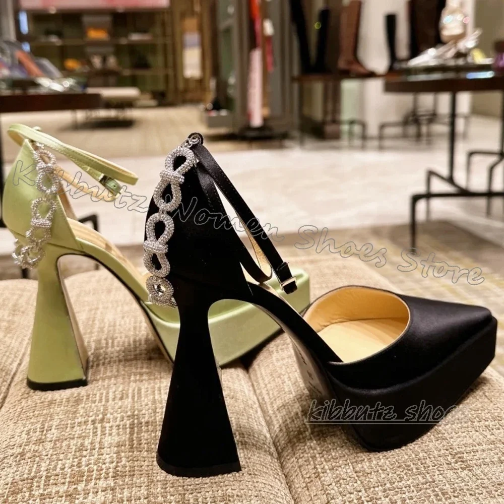 

Crystal Chain Buckle Strap Pumps Platform Satin Solid Color Pointed Toe Kitten Heels Luxury Sweet Sexy Party Wedding Women Shoes