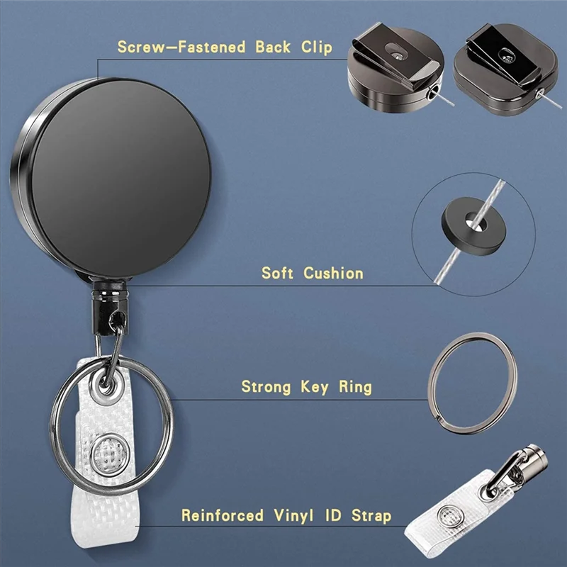 

J1UL1N 2 Pack Heavy Duty Badge Reels Metal ID Badge Holders With Belt Clip Key Ring 26.8 Inches